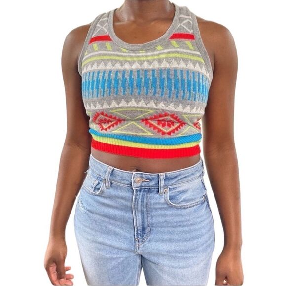 2/$20 DEREK HEART Cropped Aztec Striped Sweater Knit Tank vest - Picture 1 of 13